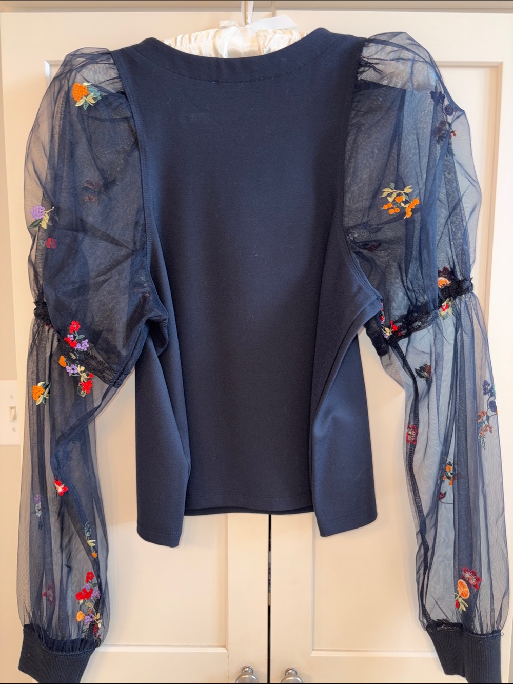 Maeve Navy Top with Sheer Embroidered Puff Sleeves Never Worn - Picture 6 of 6